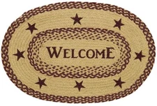 Oval Welcome Rug Burgundy & Tan Braided Jute Mat with Stenciled Stars 20" x 30"
