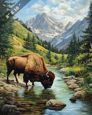 Wild Bison Drinking from Mountain Stream - 8x10 Matte Print - Nature Art