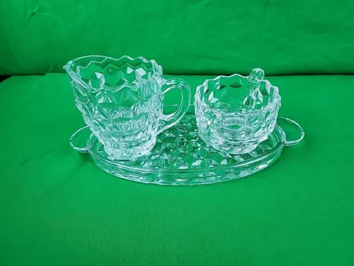 VTG Fostoria American Sugar, Creamer and Tray Set - Medium Size