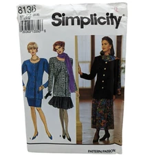 Simplicity 8136 Flounced Slim Skirts Unlined Jacket Sizes 20 22 24 26 Uncut 1992
