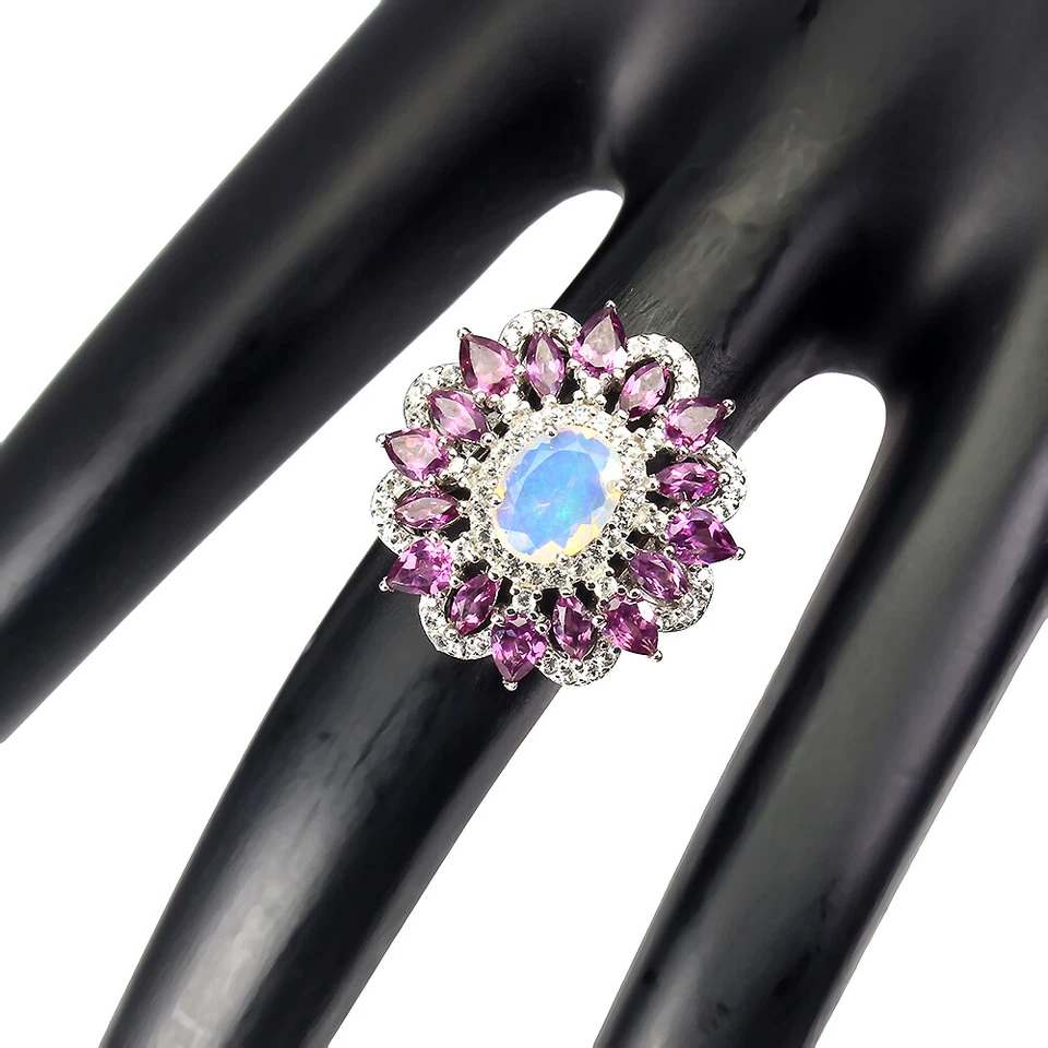 925 Anello Argento Sterling Ovale Opale di Fuoco 8x6mm Rodolite Topazio Gemma - Immagine 3 di 4