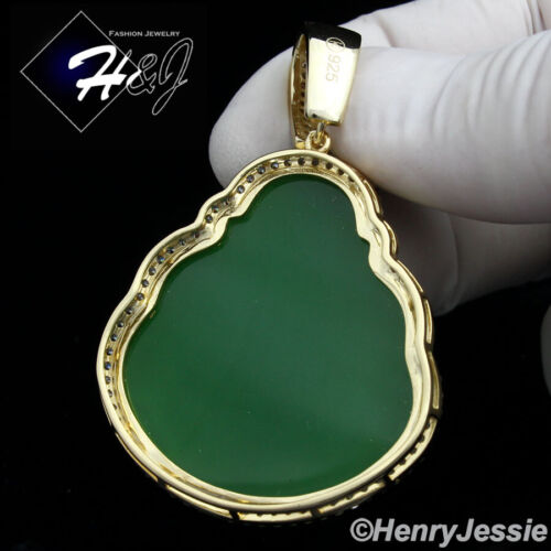 MEN 925 STERLING SILVER ICY BLING 3D JADE GOLD PLATED BUDDHA CHARM PENDANT*GP148 - Picture 2 of 4