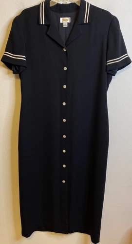 TALBOTS Black Nautical Sailor Collar Dress Gold Button Short Sleeve Lined Sz 14