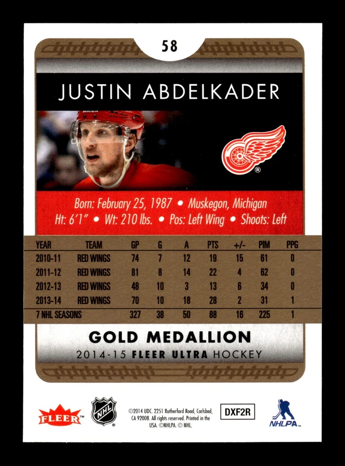 5-03-12 PWE Stock Photo 2014-15 fleer ultra gold medallion #58 justin abdelkader - Image 2 of 2