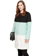 Women Black White Green Wool Coat Per Una Marks And Spencer Size 10 Uk Vgc.