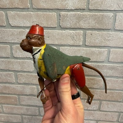 Rare Antique 1900 Tin Monkey Climbing Rope Pull Up String - German?