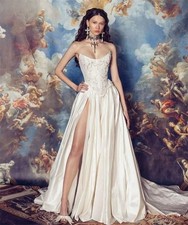 Customized White Strapless Wedding Dresses Sleeveless Side High Split BridalGown