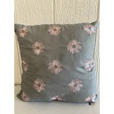 Decorative Square Throw Pillow 16x16 Inch Gray Daisy Embroidery Accent Pillow