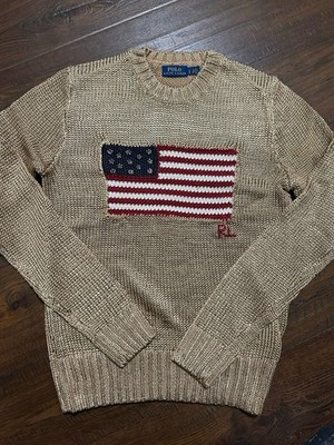 Polo Ralph Lauren Gold Knit Sweater American Flag Embroidery Patriotic - Size S