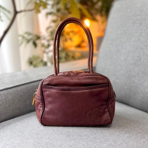 LOEWE Mini Boston Bag Anagram Leather Burgundy Vintage Authentic From Japan
