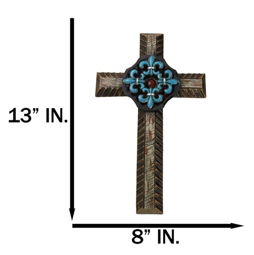 Southwestern Turquoise Fleur De Lis French Lily Faux Wooden Wall Cross Plaque - 第 7/9 張圖片