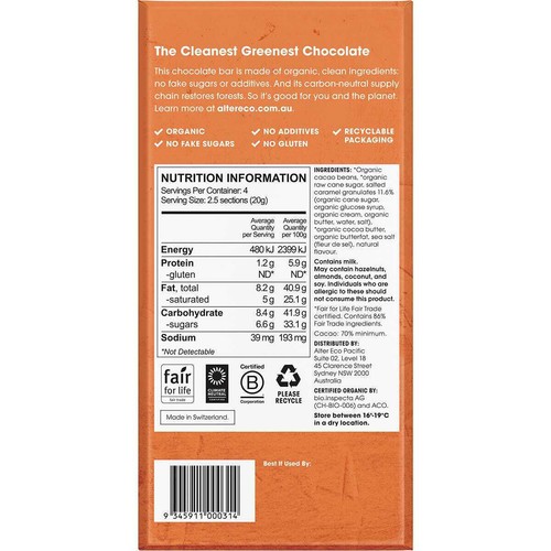 Alter Eco Chocolate Orgánico Caramelo Quemado Oscuro 80g (Pack de 12) - Imagen 2 de 3