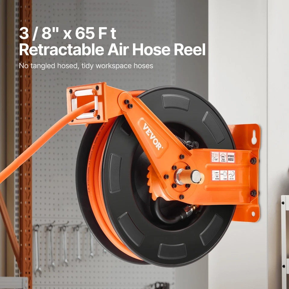 Retractable Air Hose Reel - 3/8 in x 65 ft, Hybrid, Double Arms by VEVOR - Image 2 of 4