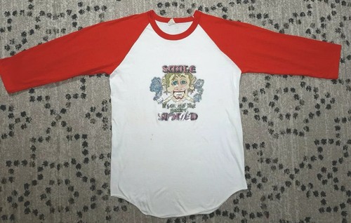 VTG 1970s Baseball T-shirt Sparkle Iron-on "Smile If You Feel Like..." - Afbeelding 1 van 9