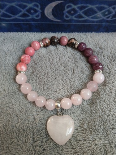 Rose Quartz Rhodochrosite Lepidolite Bracelet Crystal Healing With Heart - Picture 3 of 3