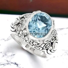 Aquamarine Oval Cut Gemstone With 925 Sterling Silver Ring For Men's #169