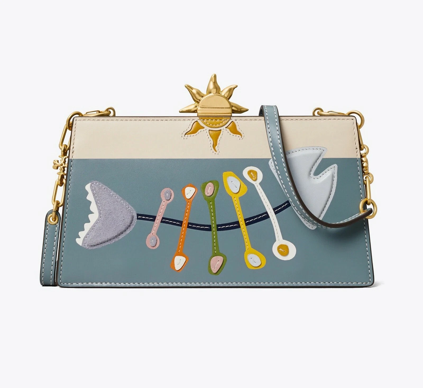 Borsa a tracolla nuova con etichette TORY BURCH Fish appliqué Frame Artico prezzo al pubblico consigliato $598