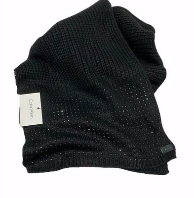 Calvin Klein Womens Ck Logo Print Fringe Rectangle Scarf Gray 
