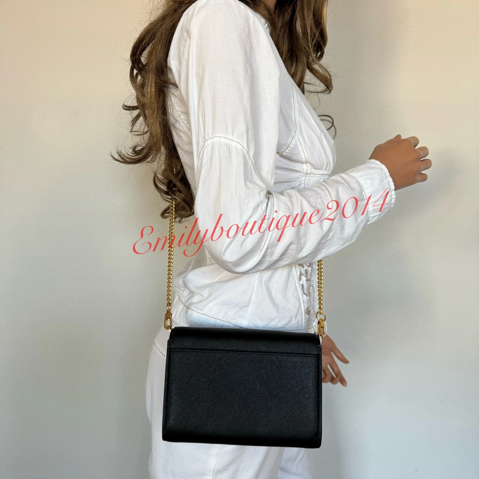 Portafoglio nuovo con etichette Tory Burch 136093 Emerson catena pelle saffiano borsa nera messenger