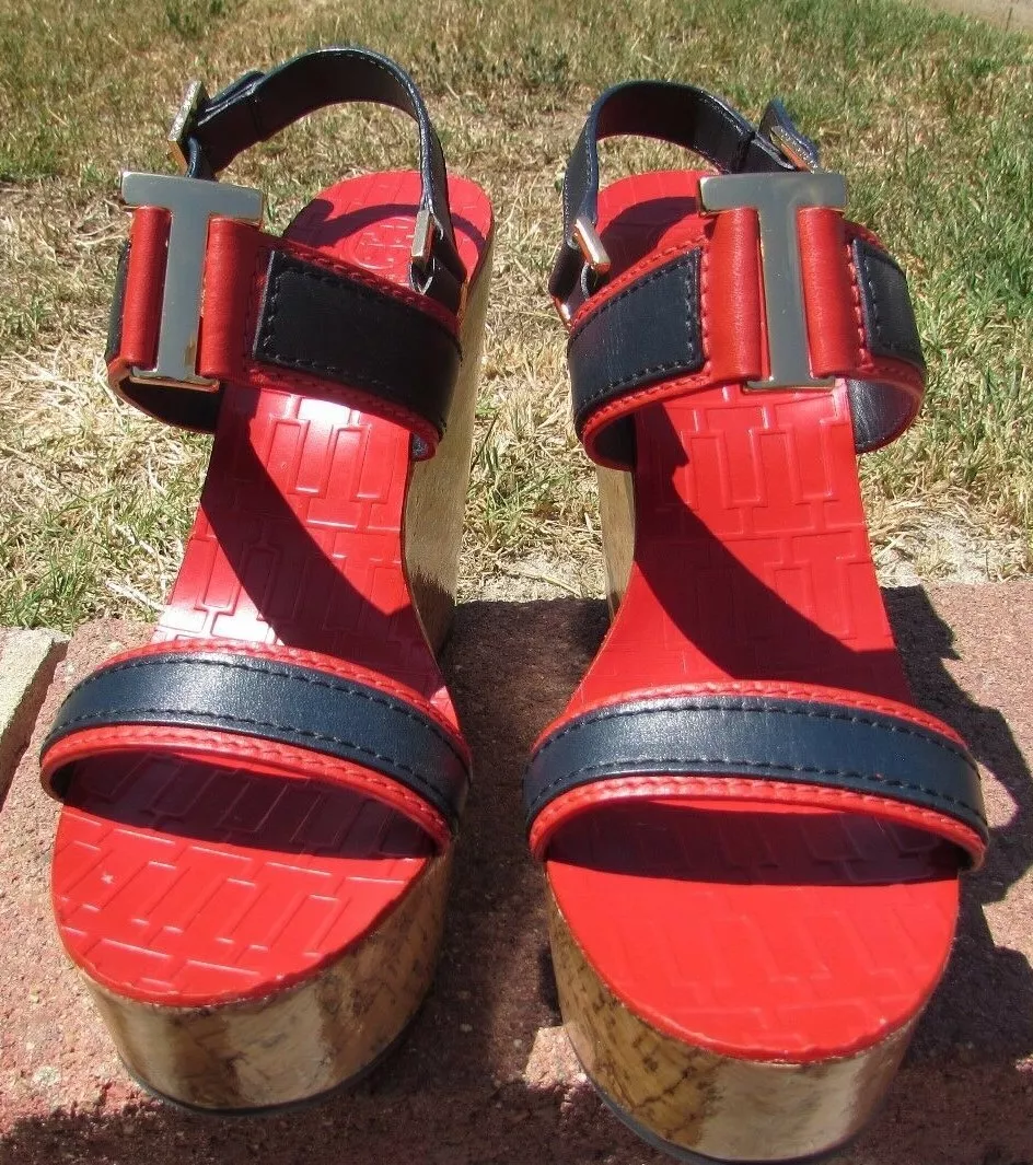 Tory Burch high heels wedges shoes Size 9.5 10 RED blue gold