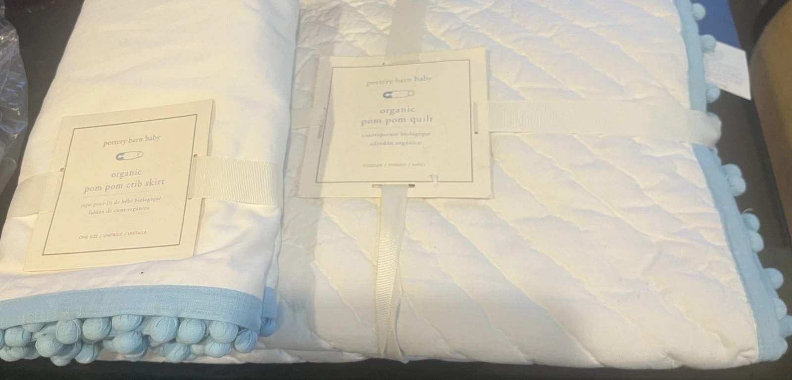 Pottery Barn Kids Pom Pom blue Crib toddler Quilt + bedskirt bed skirt New
