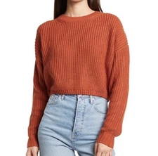 Elodie Cropped Knitted Crew Neck Sweater Rust Women’s XS Boho Casual Comfy