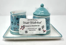 Winter Wonderland Teal And White Sugar and Creamer Set With Tray NEW