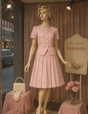 Vintage 1950s Bubblegum Pink Pleated Skirt Set Floral Italy Appliqu  Embroidery