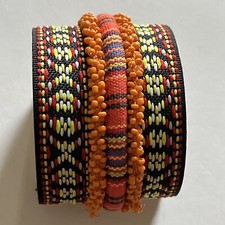 Chunky Adjustable Orange Multi-Colored Beaded Bracelet on Brass Cuff