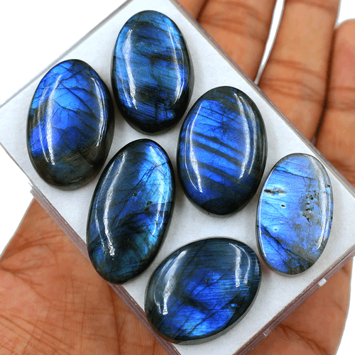 Posten 6 Stck. Natürlicher Labradorit Blau Feuer Top Qualität 28-34 mm Oval Cabochon Edelsteine - Bild 5 von 12