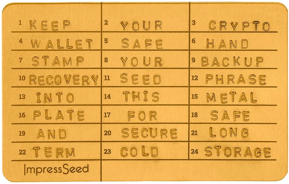 Respaldo de semillas de almacenamiento en frío de criptomonedas ImpressSeed - Placa de sello de metal de 5 piezas Foto 4 de 4