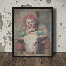 Vintage RODEO CLOWN Wall Art, Sad Clown School Poster, Clown Bull Rider Decor