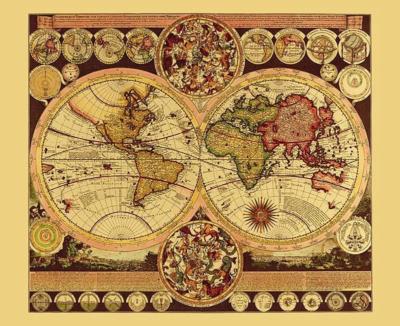Historical World Map aluminum Relief Print 26 x 21 cm