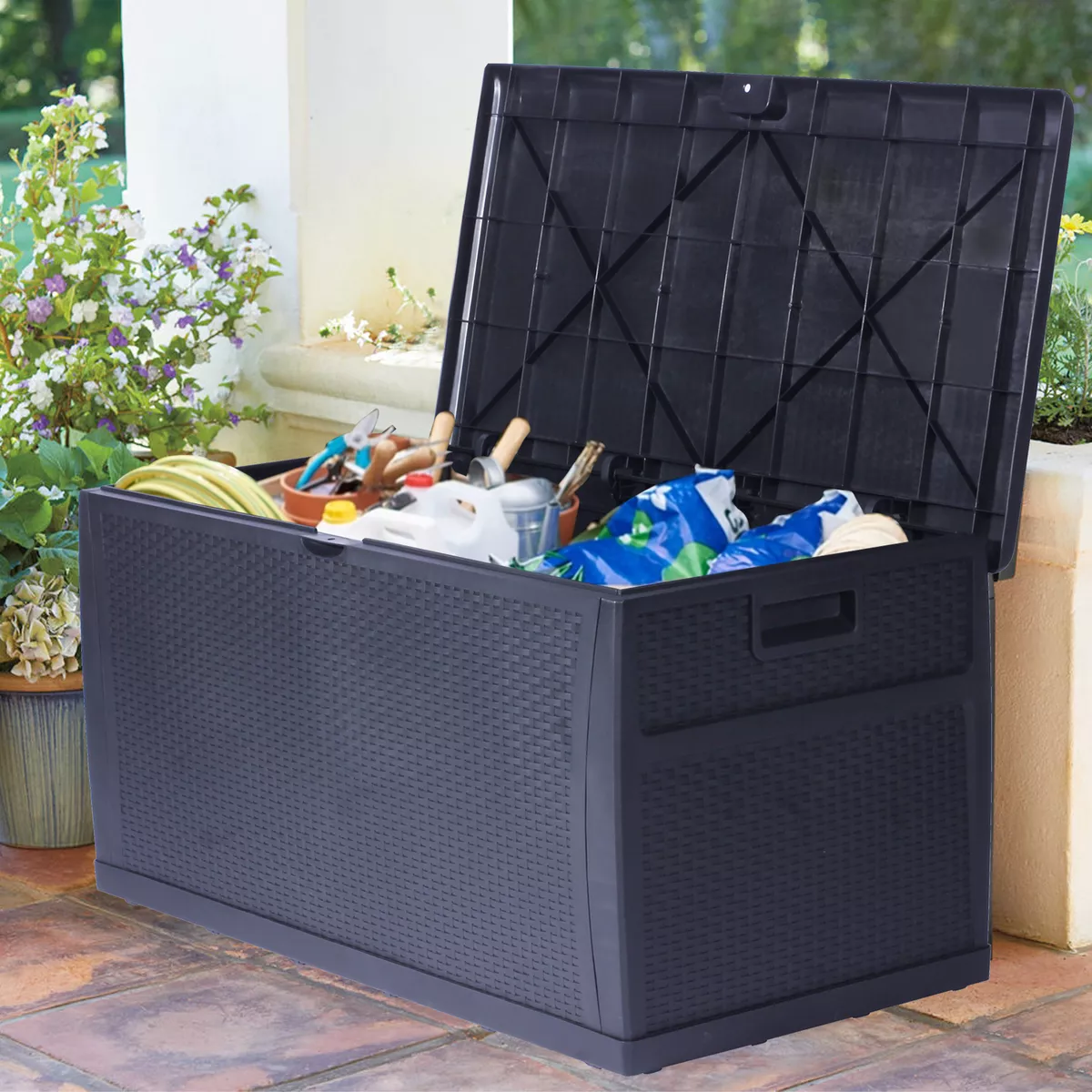 Outdoor Storage Box Rattan Effect Garden Bench Seat Organizer