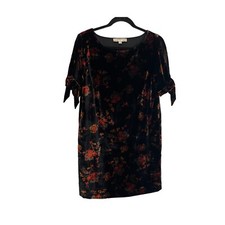 Loft Floral Velvet Black Red Split Short Tie Sleeves Dress Womens Size S