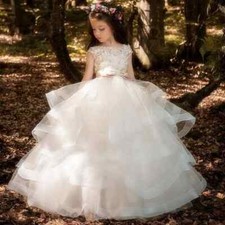 Elegant Girl Dresses Champagne Lace Sleeveless Baptism Kids Pageant Ball Gown