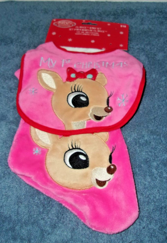 RUDOLPH RED NOSED REINDEER CLARICE BABY'S 1ST CHRISTMAS STOCKING BIB NEW NO HAT - Picture 1 of 2