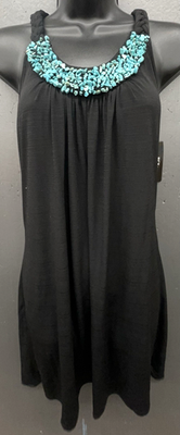 #ad Sleeveless Mini Dress M Black Turquoise Stones Stretch Aztec Artsy Boho NEW $24.99