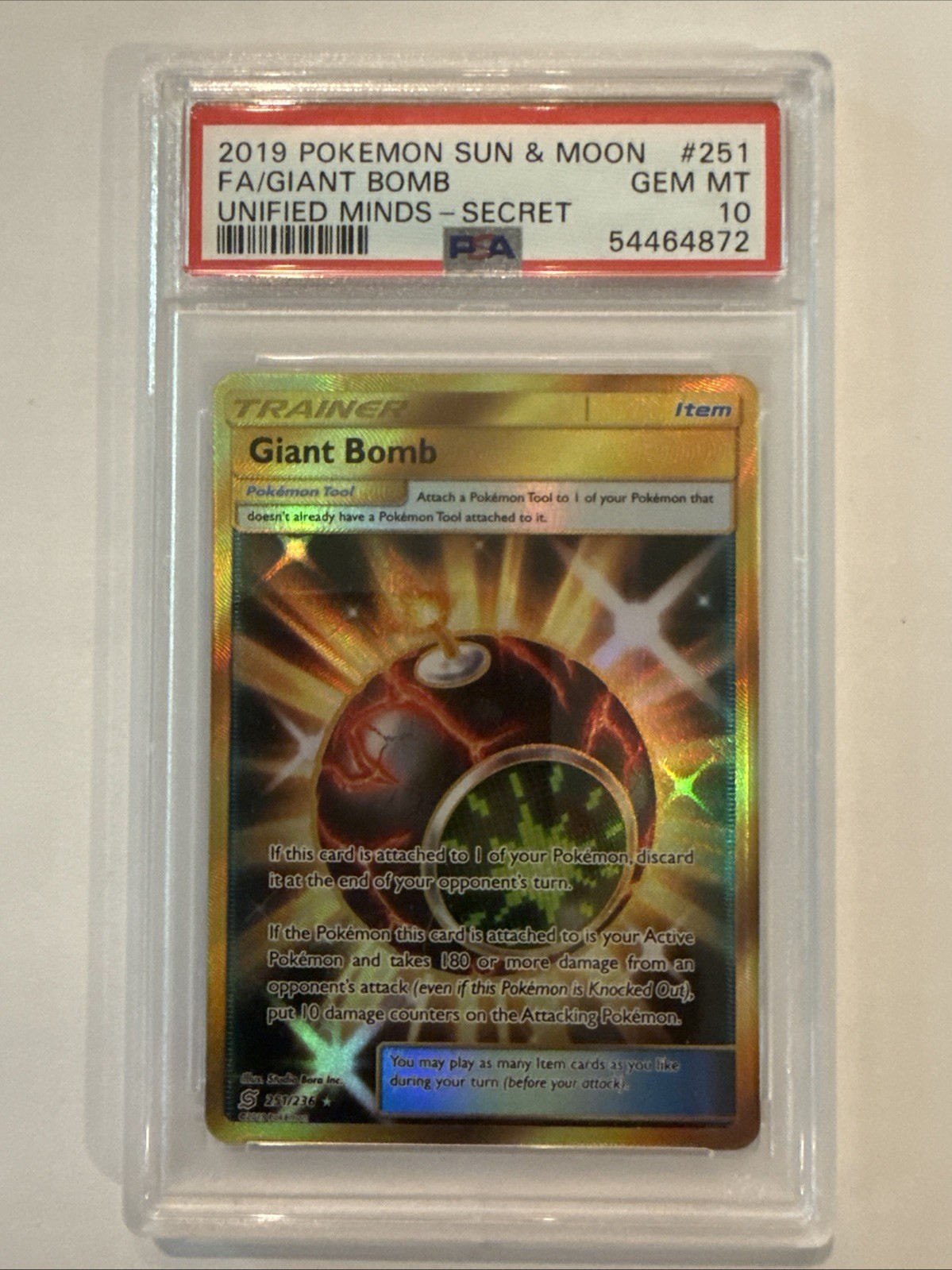 2019 POKEMON SUN & MOON UNIFIED MINDS SECRET #251 FULL ART/GIANT BOMB PSA 10