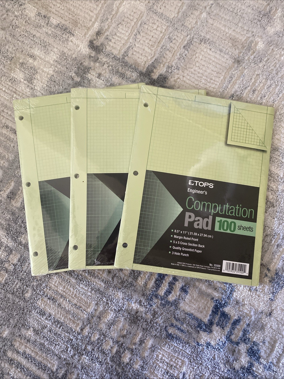 Lot Of 3 Pads-TOPS Engineering Computation Pad 8 1/2 x 11 Green 100 Sheets