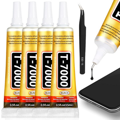 T-7000 Black Glue Adhesive, 4 X 15ML T7000 Adhesive Glue with Tweezers Precision