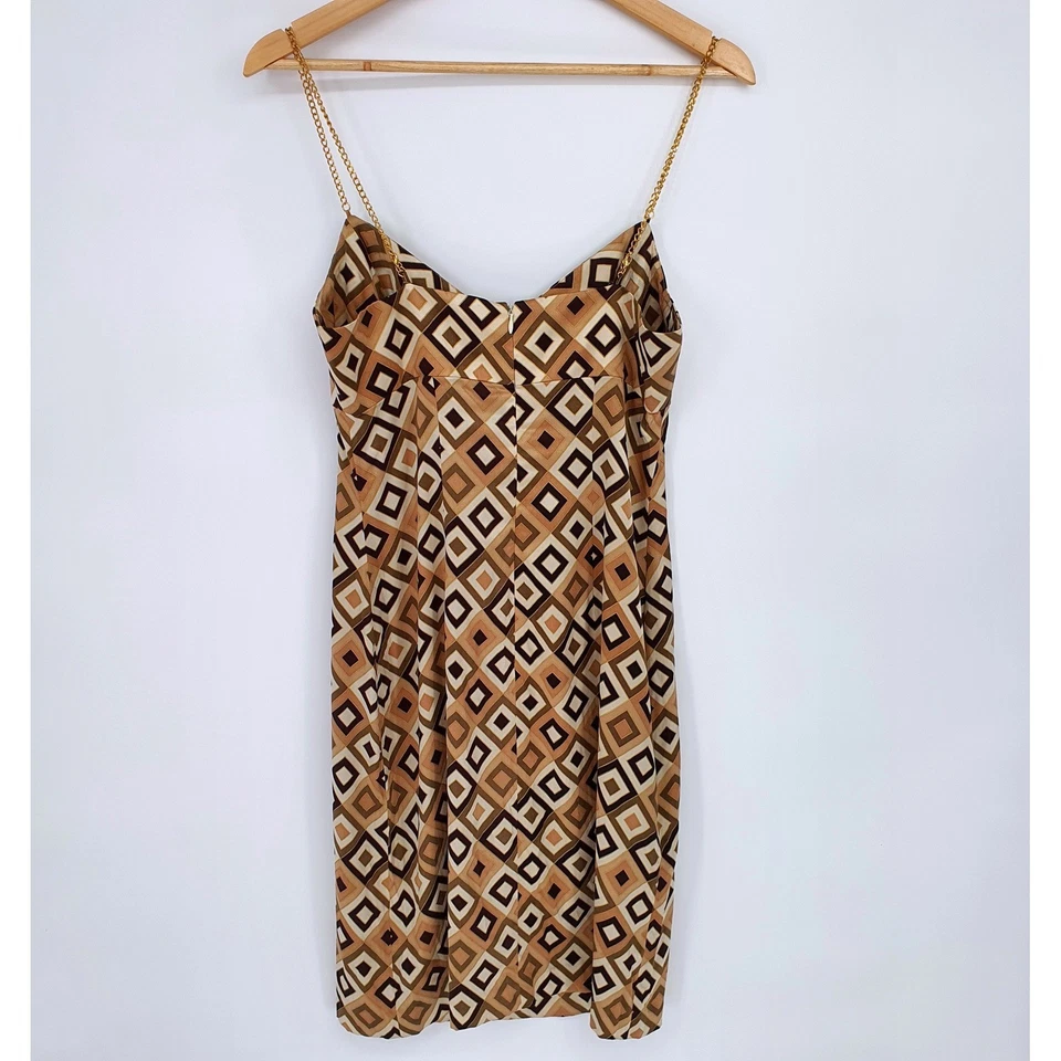 Vestido Shoshanna Seda Geométrico Marrón Dorado Cadena Correa Mini Y2K Años 90 Talla 8 Retro Foto 2 de 4