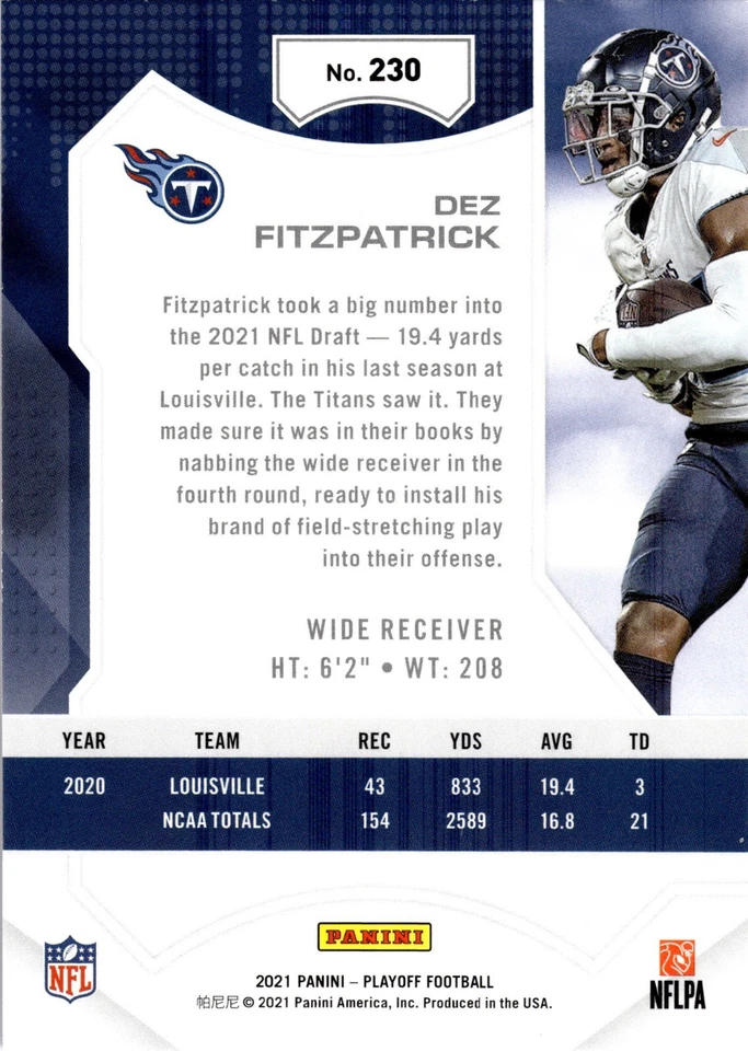 2021 Panini Playoff - Rookies Dez Fitzpatrick #230 (RC)  - Image 2 of 2