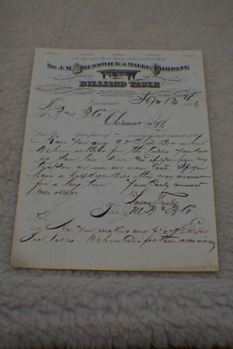  Pool/Billiard/Table/Brunswick J M Brunswick Letterhead 1876 Rare!!!    