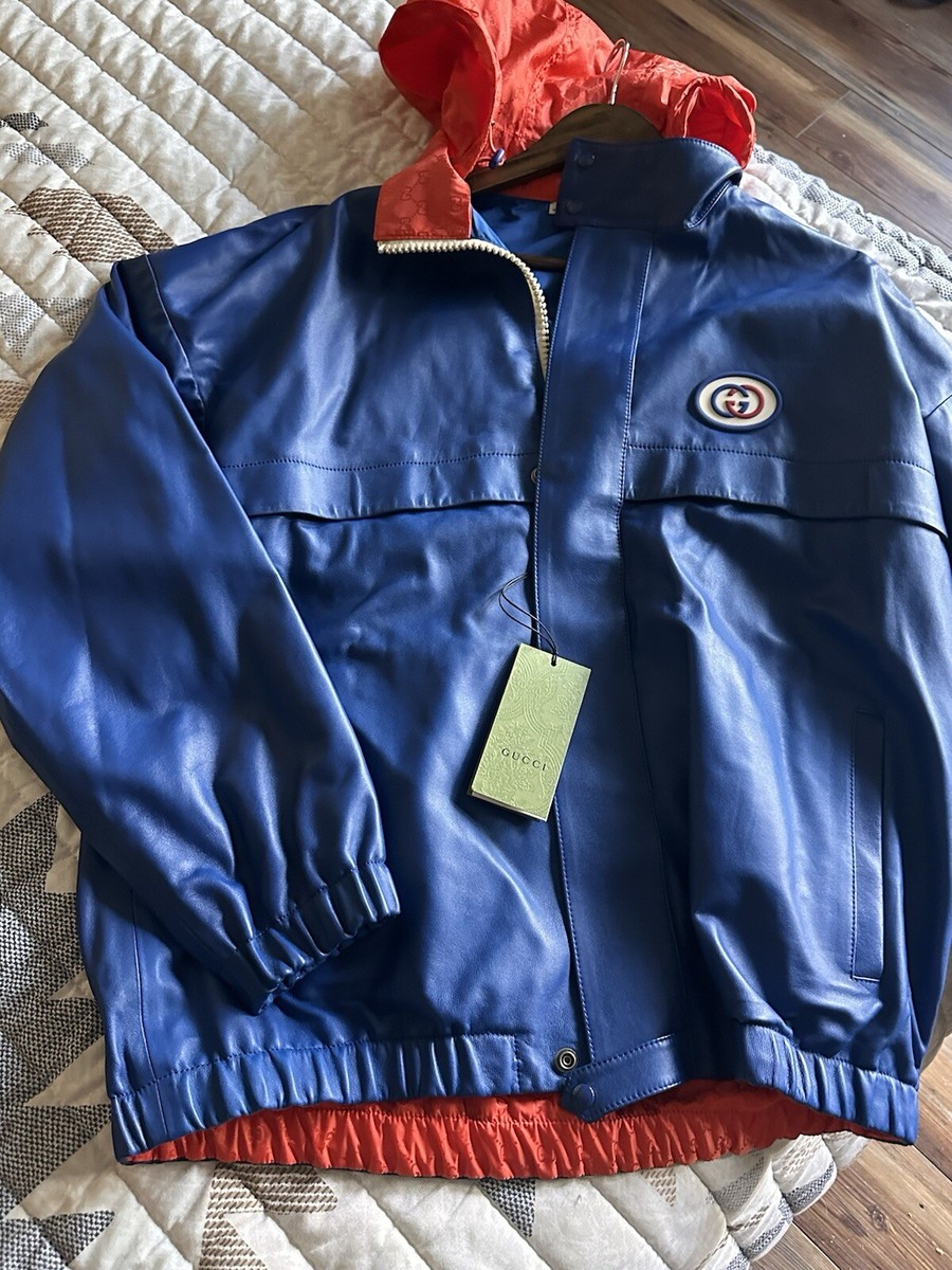 GUCCI Interlocking G Blue Orange Leather Jacket NWT Size 50