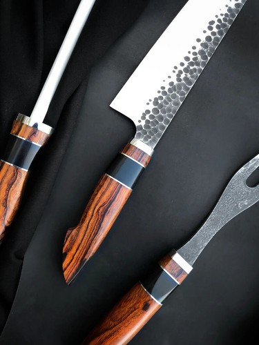 Juego de cocina de acero forjado a mano, cuchillo de chef, afilador de cerámica, juego de barbacoa - Imagen 4 de 7