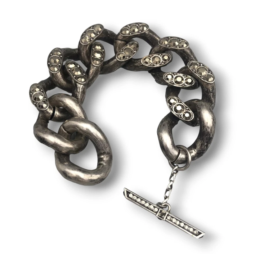 复古 Lanvin 法国宽链手链枪金属银 Marcasite 切换艺术装饰 — 第 2/4 张图片