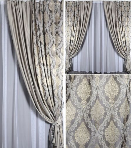 Luxus Jacquard Vorhang Set 2x fertig Gardinen Volants Falten nach Maß Wohnzimmer - Bild 1 von 5