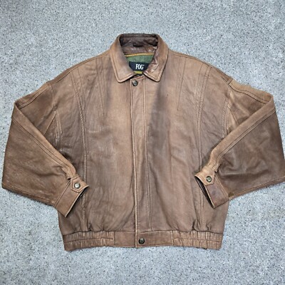 London Fog Mens Brown Leather Bomber Jacket Coat With - Main Image