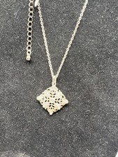 Silver Tone Diamond Square Snowflake Pendant Necklace 20" Cubic Zirconias